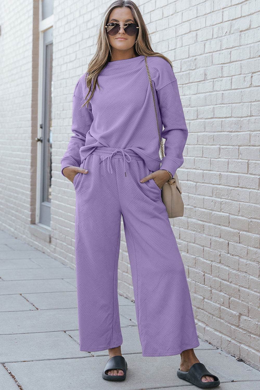 Textured Long Sleeve Top and Drawstring Pants Set | us.meeeshop