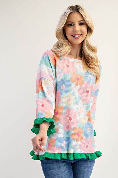 Celeste Floral Ruffle Hem Round Neck Blouse Plus Size - us.meeeshop