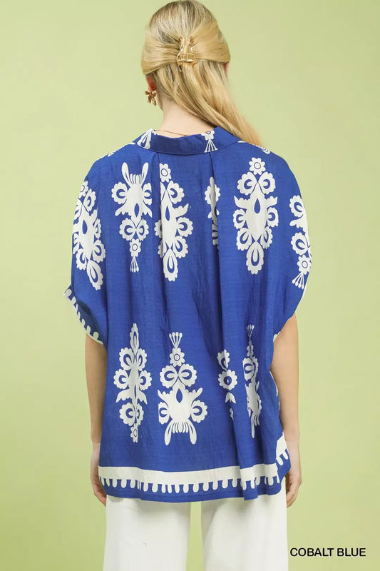 Umgee Abstract Print Button Down Short Sleeve Shirt (women's shirts & tops) view 2 - shop at us.meeeshop