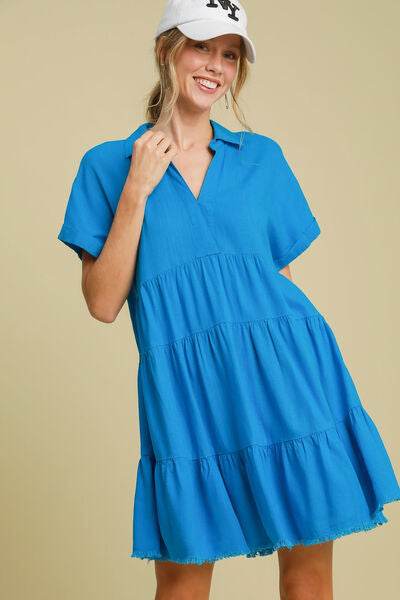 Umgee Raw Hem Folded Sleeve Tiered Dress Plus Size - us.meeeshop