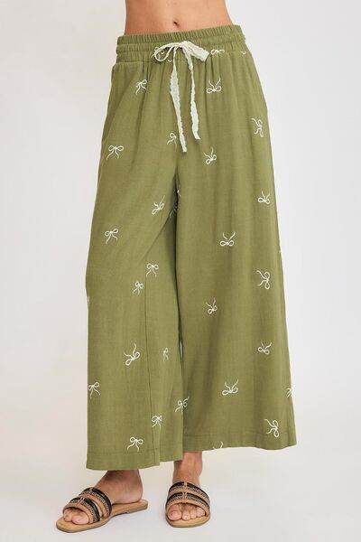 Umgee Lace Drawstring Embroidered Bow Wide Leg Pants Plus Size - us.meeeshop