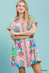 Umgee Mediterranean Print Dress with Contrast Printed Trim