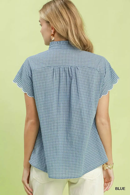 umgee embroidered print Umgee Embroidered Print Scallop Sleeve Button Front Blouse view 3 (top) - shop at us.meeeshop