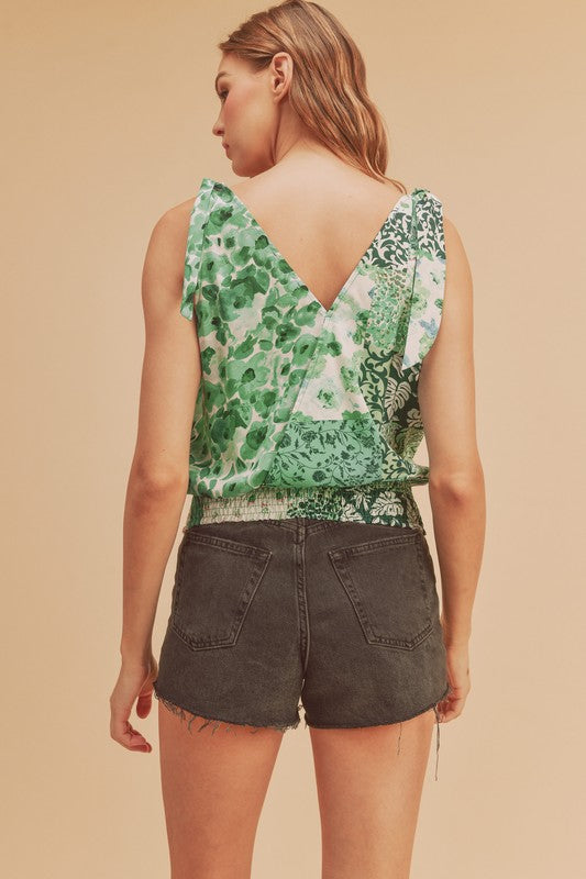 Aemi + Co Smocked Hem Printed Surplice Tank in Green - us.meeeshop