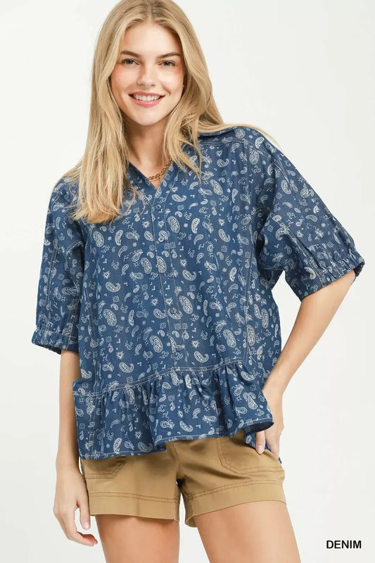 umgee paisley print Umgee Paisley Print Chambray Top DENIM (top) - shop at us.meeeshop
