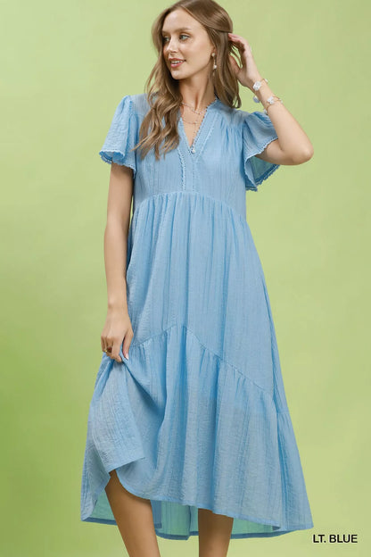 umgee textured tiered Umgee Textured Tiered Midi Dress with Side Pockets LT. BLUE (dress) - shop at us.meeeshop