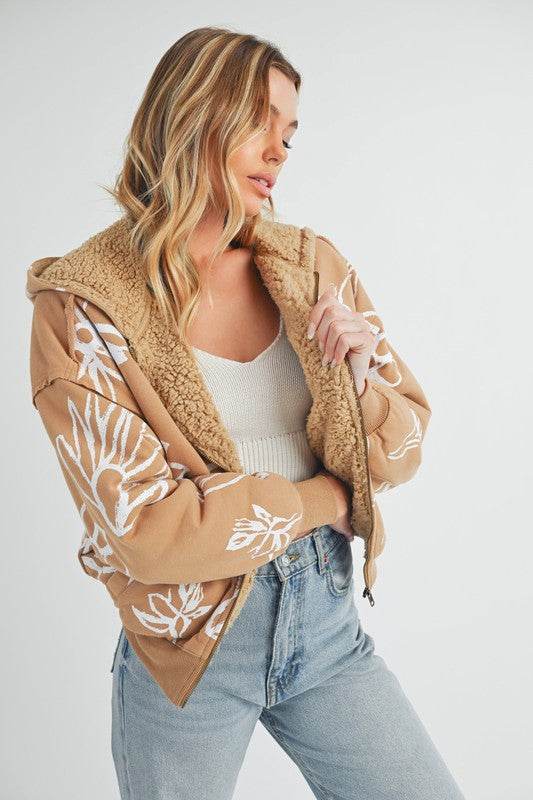 Aemi + Co Flower Print Zip Up Sherpa Hoodie - us.meeeshop