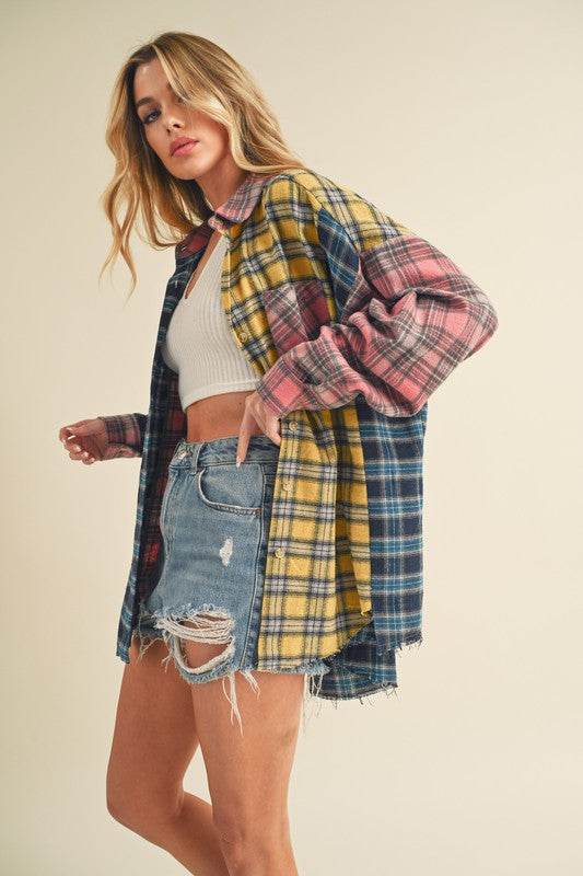 Aemi + Co Frayed Hem Color Block Plaid Drop Shoulder Shirt - us.meeeshop