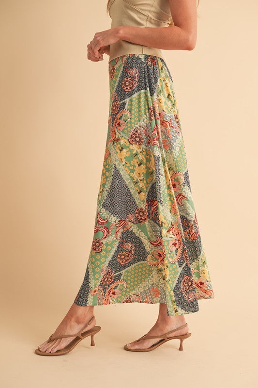 Aemi + Co Printed Maxi Skirt in Sage/Golden - us.meeeshop