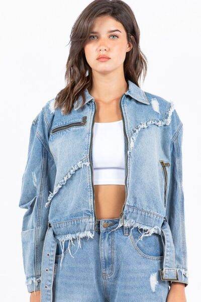 American Bazi Distressed Frayed Edge Zip Up Denim Jacket Plus Size - us.meeeshop