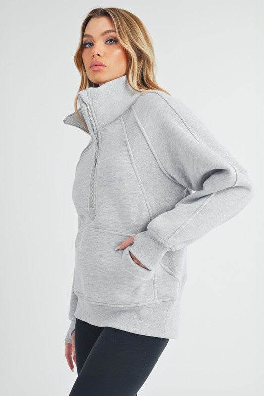 Aemi + Co Half Zip Raglan Sleeve Sweatshirt with Kangaroo Pocket in Light Gray - us.meeeshop