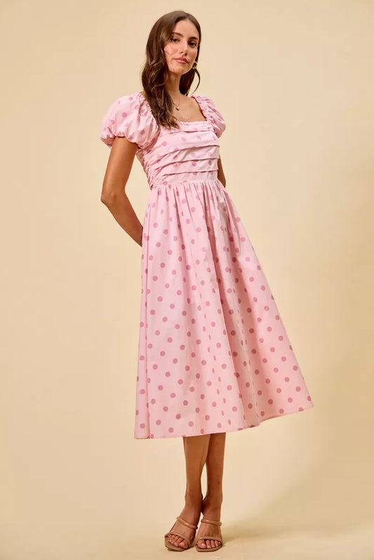 So Me Polka Cotton Print Short Sleeves Midi Dress PINK View 2 - Women's Dress | MeeeShop