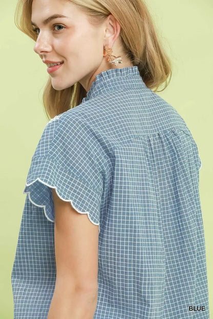 umgee embroidered print Umgee Embroidered Print Scallop Sleeve Button Front Blouse view 4 (top) - shop at us.meeeshop