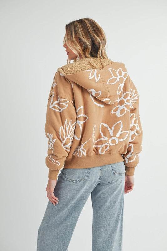 Aemi + Co Flower Print Zip Up Sherpa Hoodie - us.meeeshop