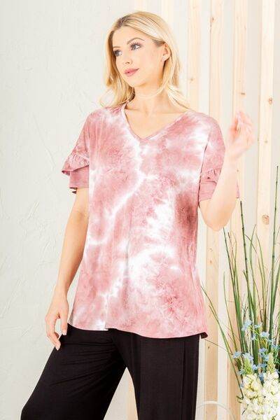 Heimish Full Size Ruffled Sleeve Tie Dye Top Plus Size - us.meeeshop