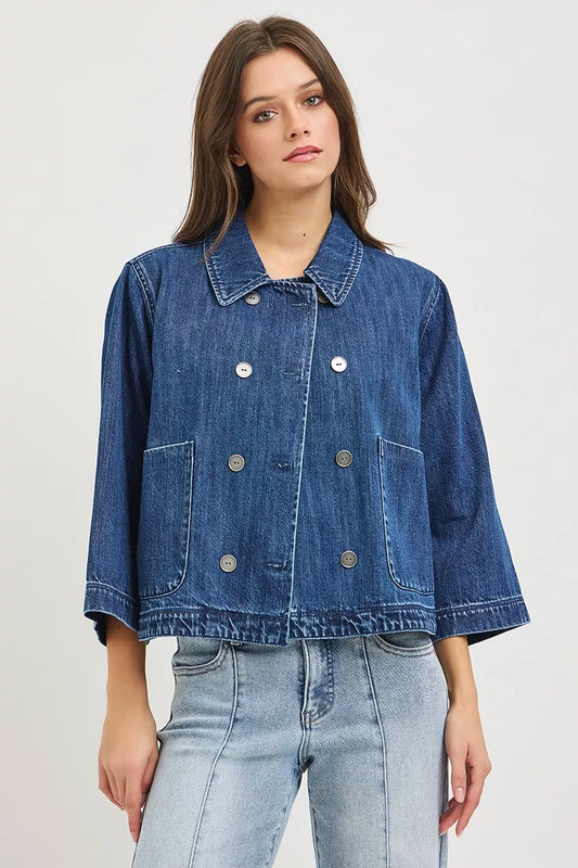 risen double breasted RISEN Double-breasted Flowy Cropped Denim Jacket view 2 (layer) - shop at us.meeeshop