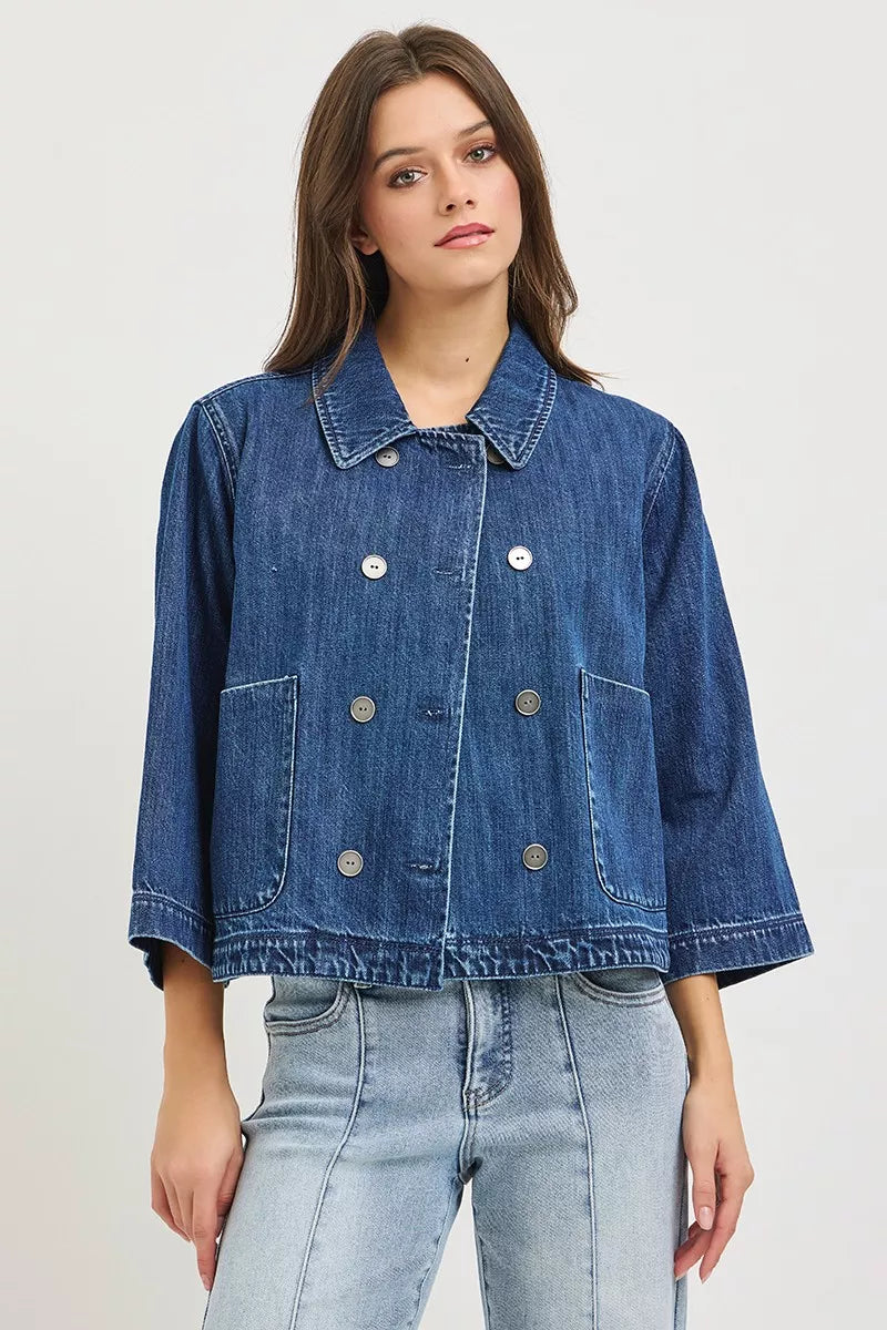 risen double breasted Risen Double-breasted Flowy Cropped Denim Jacket view 2 (layer) - shop at us.meeeshop