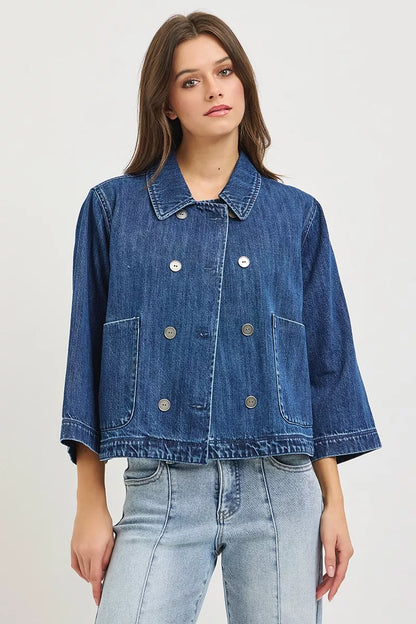 risen double breasted Risen Double-breasted Flowy Cropped Denim Jacket view 2 (layer) - shop at us.meeeshop