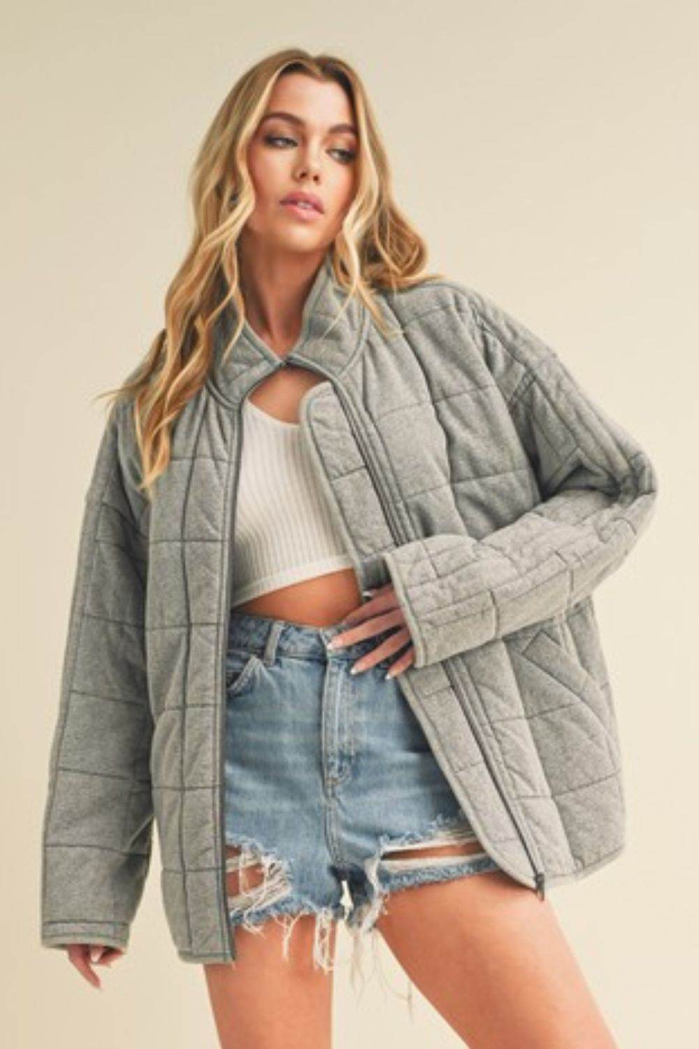 Aemi + Co Zip Up Drop Shoulder Quilted Washed Jacket - us.meeeshop