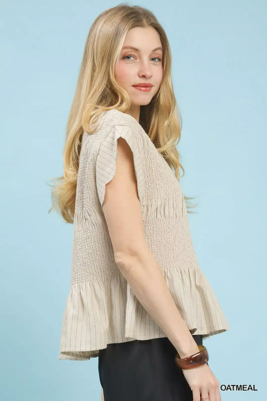 Umgee Pinstripe Smocked Peplum Top (women's shirts & tops) view 2 - shop at us.meeeshop