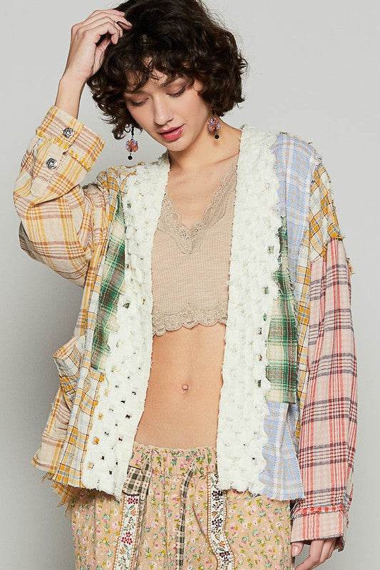 POL Raw Edge Plaid Open Front Cardigan - us.meeeshop