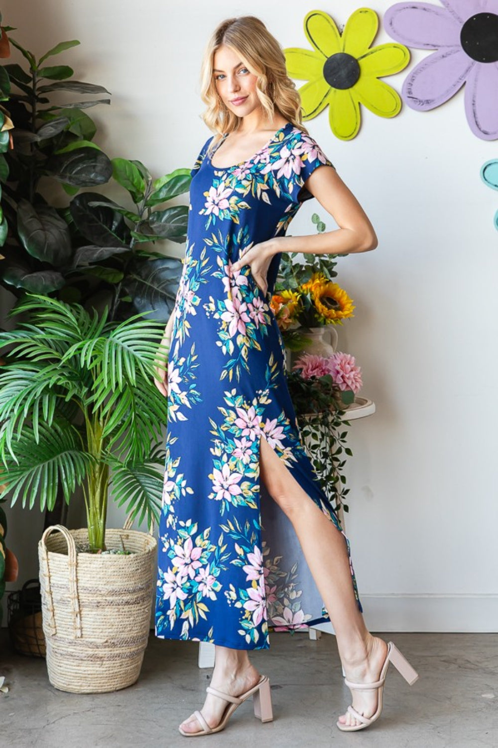 Heimish Full Size Floral Short Sleeve Slit Dress | us.meeeshop