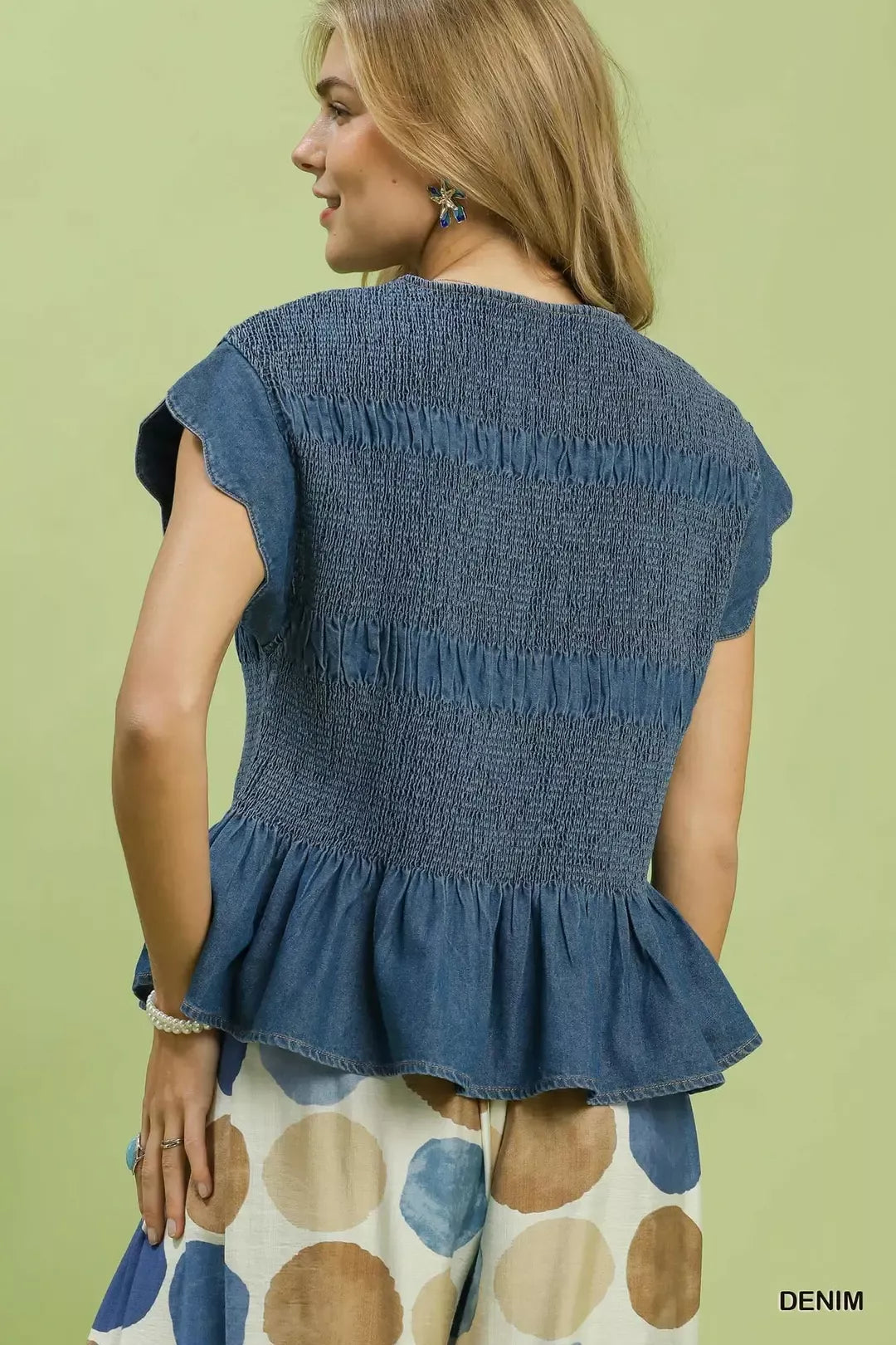umgee smocked peplum Umgee Smocked Peplum Top with Scalloped Ruffle Cap Sleeves view 3 (top) - shop at us.meeeshop
