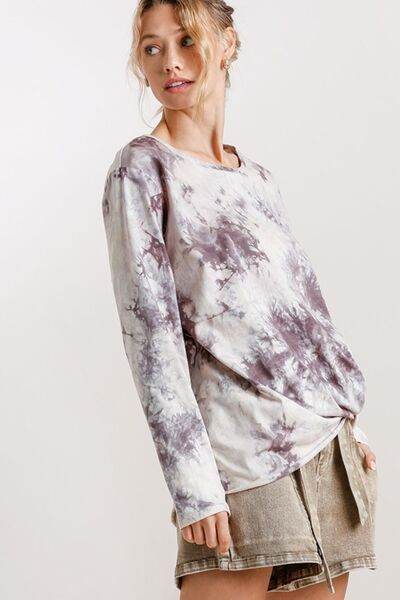 Umgee Tie Dye Front Gathered Detail Round Neck Long Sleeve T-Shirt Plus Size - us.meeeshop