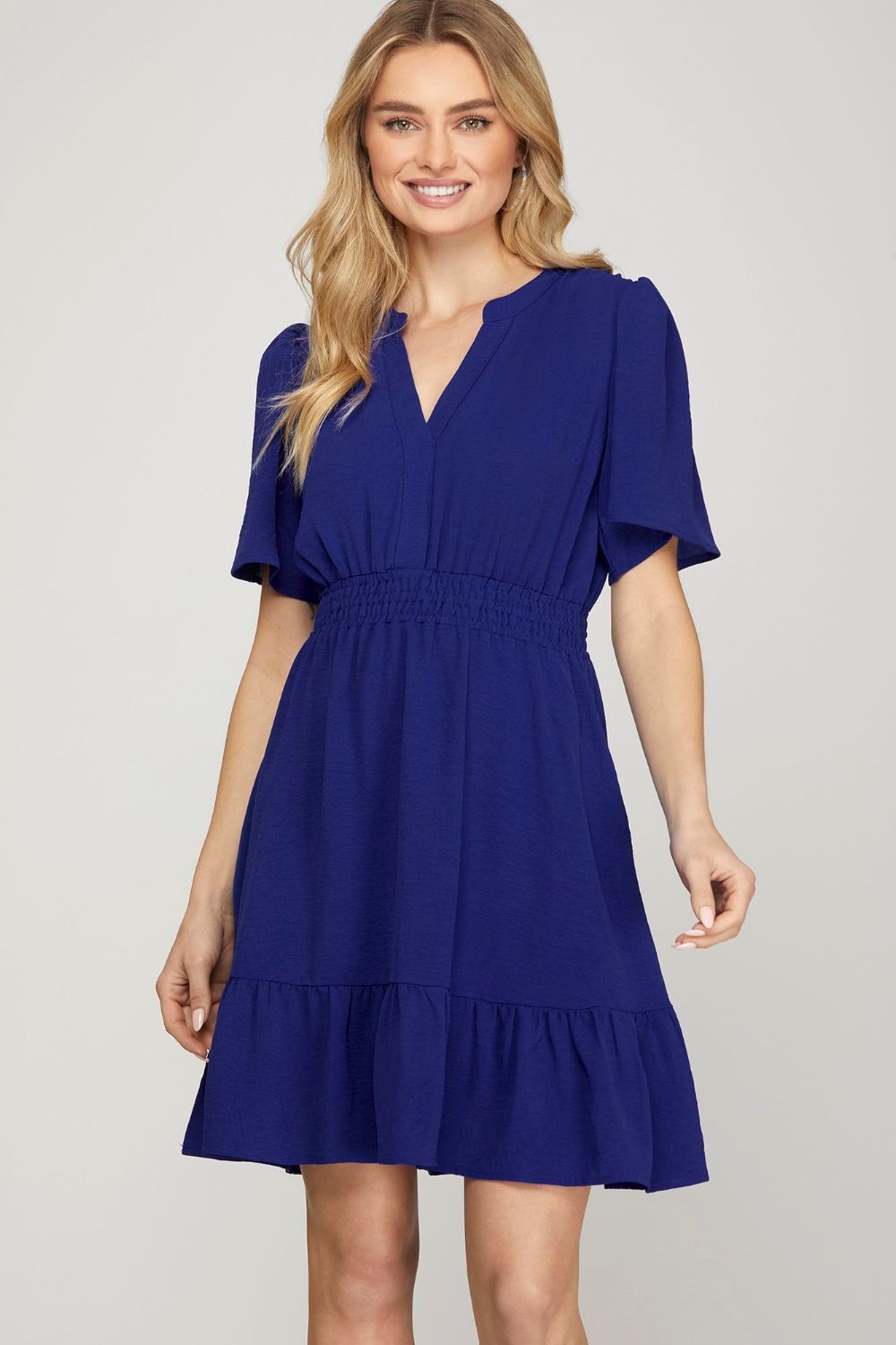 She + Sky Ruffled Hem Notched Flutter Sleeve Mini Dress in Navy - us.meeeshop