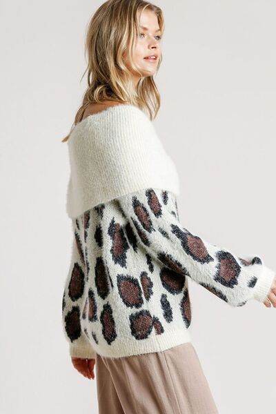 Umgee Leopard Off-Shoulder Long Sleeve Sweater Plus Size - us.meeeshop