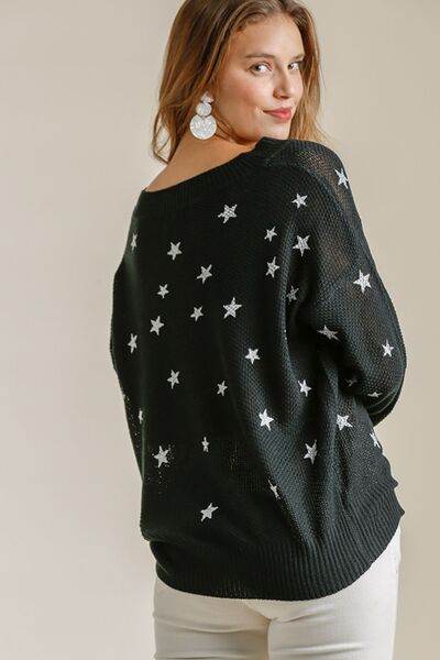 Umgee Star V-Neck Long Sleeve Sweater Plus Size - us.meeeshop