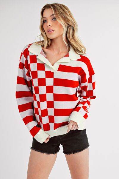 Aemi + Co Striped & Checkered Drop Shoulder Sweater - us.meeeshop