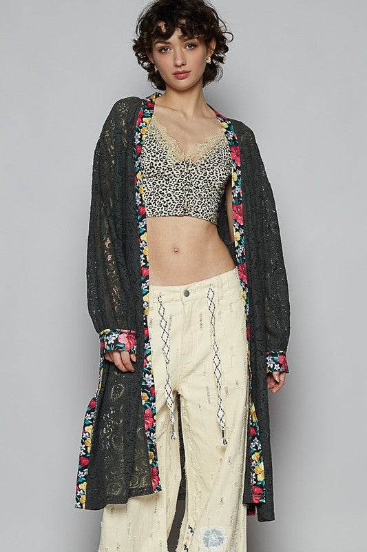 POL Floral Trim Lace Open Front Longline Cardigan - us.meeeshop