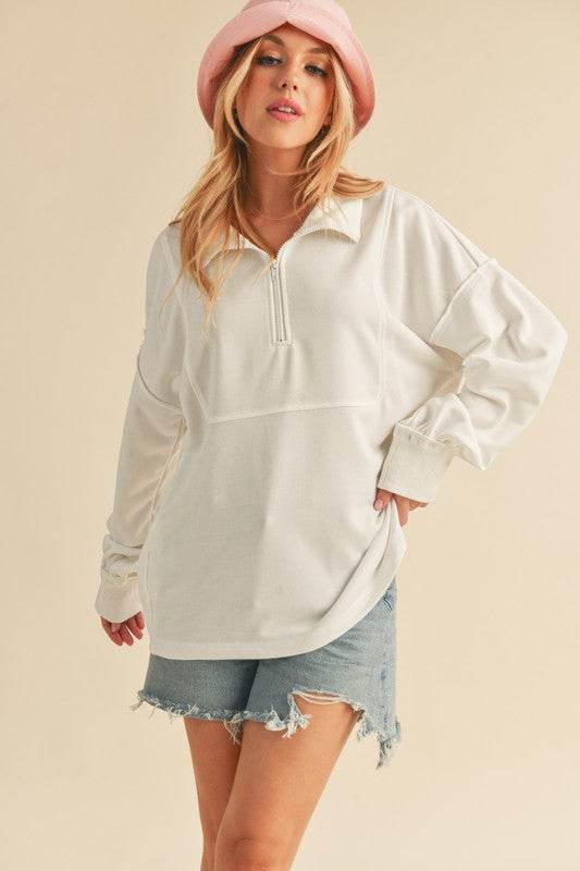 Aemi+Co Exposed Seam Half Zip Drop Shoulder Sweatshirt - us.meeeshop