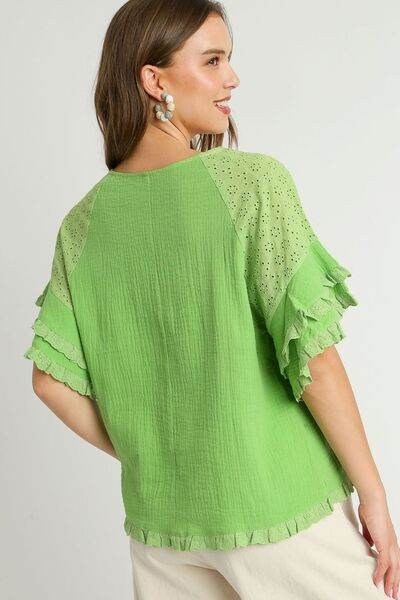 Umgee Cotton Gauze Round Neck Ruffle Eyelet Layered Sleeve Blouse Plus Size - us.meeeshop