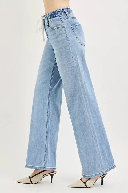 risen elastic band Risen Elastic Band Slouchy Wide Jeans with Drawstring view 4 (bottom) - shop at us.meeeshop