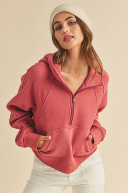 Aemi + Co Half Zip Raglan Sleeve Hoodie with Kangaroo Pocket in Deep Rose