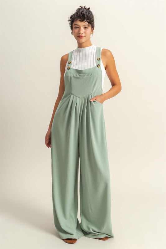 HYFVE Pleated Detail Front Pocket Wide Strap Overalls in Gum Leaf - us.meeeshop