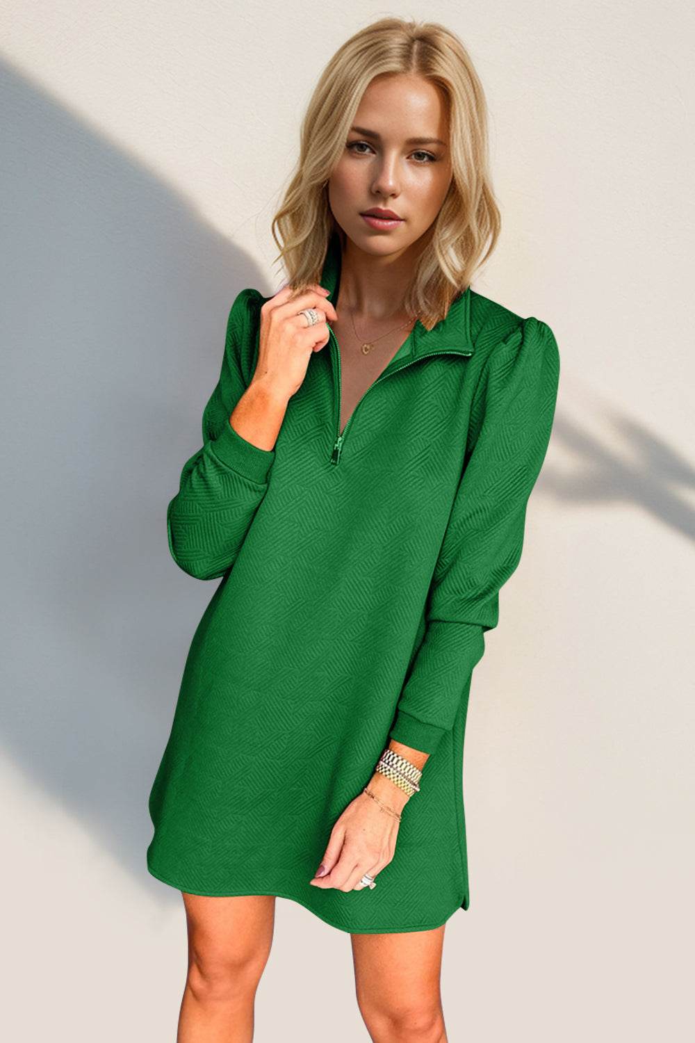 Double Take Textured Quarter Zip Long Sleeve Dress - us.meeeshop