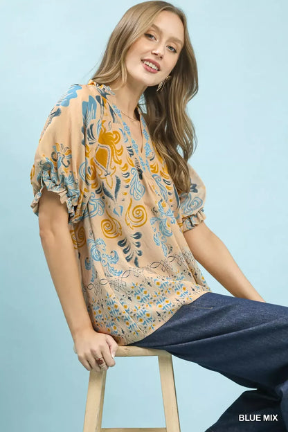 umgee border print Umgee Border Print Puff Sleeve V-neck Blouse view 6 (top) - shop at us.meeeshop