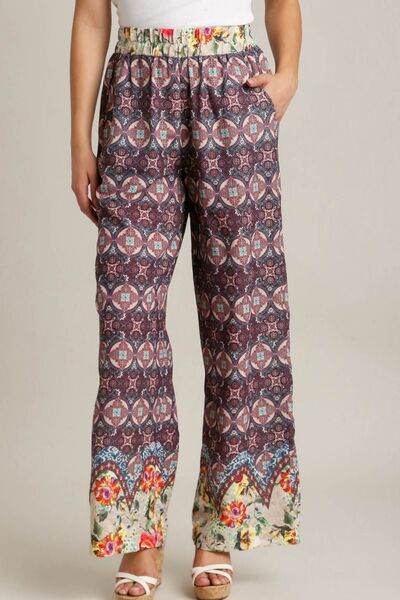 Umgee Mixed Print Elastic Waistband Pants Plus Size - us.meeeshop