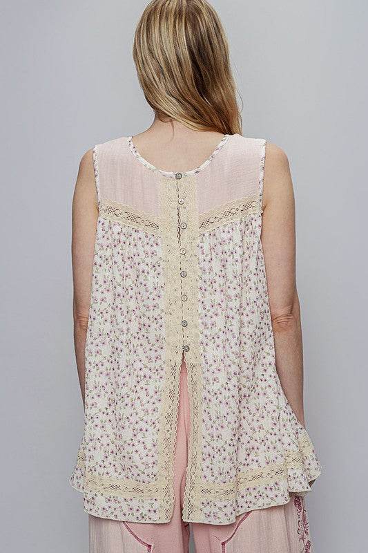 POL Lace Detail Floral Round Neck Sleeveless Top - us.meeeshop