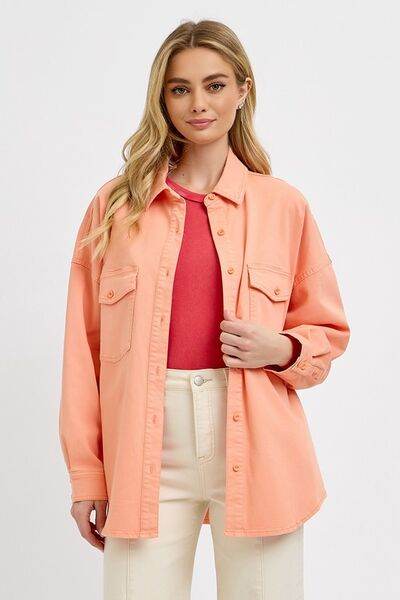 RISEN Button Down Long Sleeve Denim Shacket with Chest Pockets Plus Size - us.meeeshop