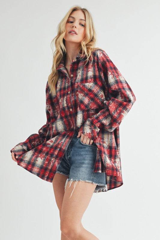 Aemi + Co Washed Plaid Button Up Raglan Sleeve Flannel Shirt in Scarlet - us.meeeshop