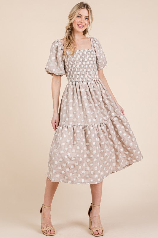 GeeGee Floral Embroidered Smocked Puff Sleeve Tiered Midi Dress in Dust Storm - us.meeeshop