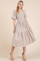 GeeGee Floral Embroidered Smocked Puff Sleeve Tiered Midi Dress in Dust Storm