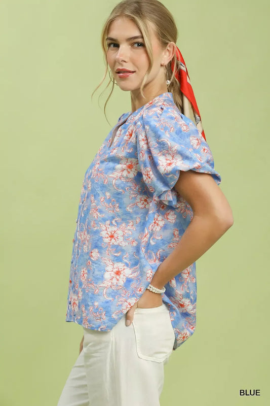 Umgee Floral Button-Front Short Sleeve Shirt (women's shirts & tops) view 2 - shop at us.meeeshop