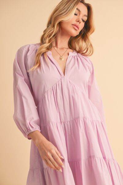 Aemi + Co Notched Balloon Sleeve Tiered Mini Dress - us.meeeshop