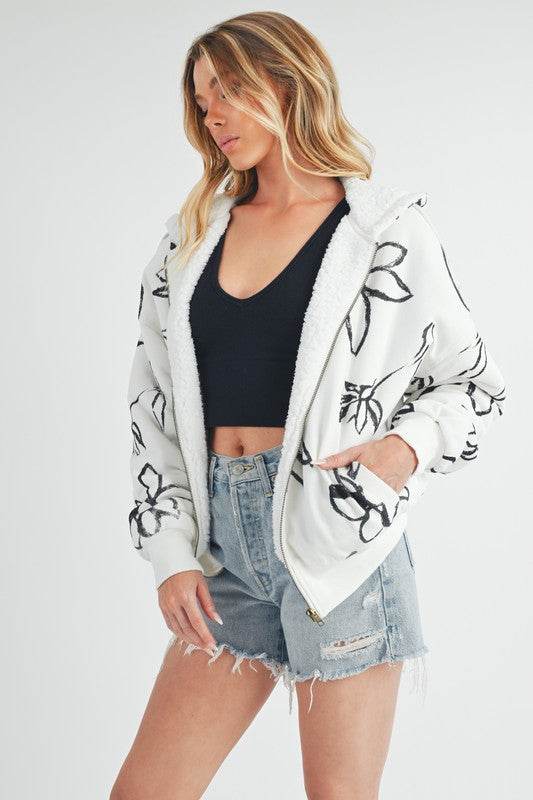 Aemi + Co Flower Print Zip Up Sherpa Hoodie - us.meeeshop