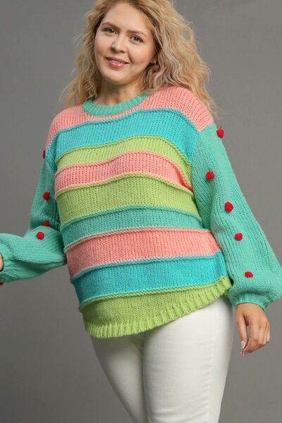 Umgee Color Block Cable Knit Sweater with Pom Pom Plus Size - us.meeeshop